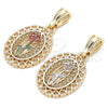 Oro Laminado Fancy Pendant, Gold Filled Style Flower and Heart Design, Polished, Tricolor, 05.351.0131