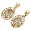 Oro Laminado Fancy Pendant, Gold Filled Style Flower and Heart Design, Polished, Tricolor, 05.351.0131.1