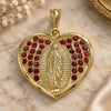 Oro Laminado Religious Pendant, Gold Filled Style Heart and Guadalupe Design, with Garnet Crystal, Polished, Golden Finish, 05.351.0135