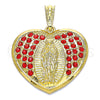 Oro Laminado Religious Pendant, Gold Filled Style Heart and Guadalupe Design, with Garnet Crystal, Polished, Golden Finish, 05.351.0135