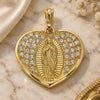 Oro Laminado Religious Pendant, Gold Filled Style Heart and Guadalupe Design, with White Crystal, Polished, Golden Finish, 05.351.0135.1