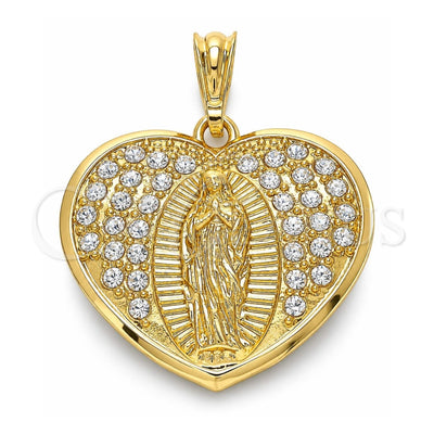 Oro Laminado Religious Pendant, Gold Filled Style Heart and Guadalupe Design, with White Crystal, Polished, Golden Finish, 05.351.0135.1