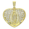 Oro Laminado Religious Pendant, Gold Filled Style Heart and Guadalupe Design, with White Crystal, Polished, Golden Finish, 05.351.0135.1