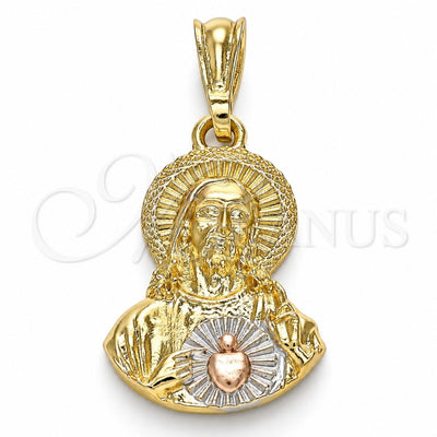 Oro Laminado Religious Pendant, Gold Filled Style Sagrado Corazon de Jesus Design, Polished, Tricolor, 05.351.0138