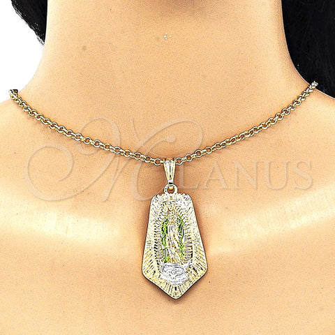 Oro Laminado Religious Pendant, Gold Filled Style Guadalupe Design, Polished, Tricolor, 05.351.0143