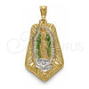 Oro Laminado Religious Pendant, Gold Filled Style Guadalupe Design, Polished, Tricolor, 05.351.0143