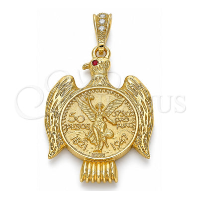 Oro Laminado Religious Pendant, Gold Filled Style Centenario Coin and Angel Design, with Garnet Crystal, Polished, Golden Finish, 05.351.0145