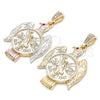 Oro Laminado Religious Pendant, Gold Filled Style Centenario Coin and Angel Design, with Garnet Crystal, Polished, Golden Finish, 05.351.0145
