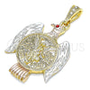 Oro Laminado Religious Pendant, Gold Filled Style Centenario Coin and Angel Design, with Garnet Crystal, Polished, Tricolor, 05.351.0145.1