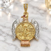 Oro Laminado Religious Pendant, Gold Filled Style Centenario Coin and Angel Design, with Garnet Crystal, Polished, Tricolor, 05.351.0145.1