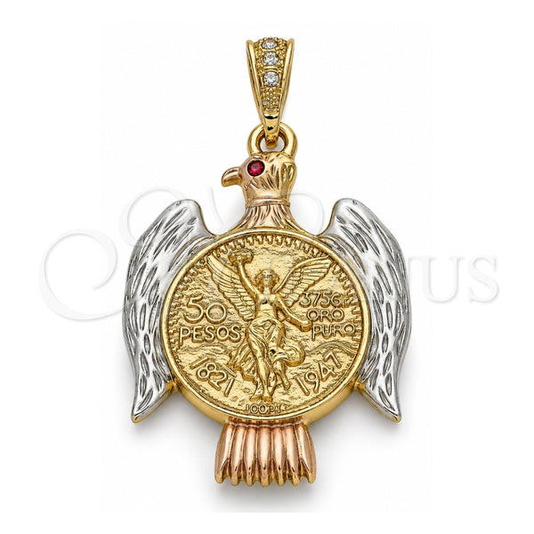 Oro Laminado Religious Pendant, Gold Filled Style Centenario Coin and Angel Design, with Garnet Crystal, Polished, Tricolor, 05.351.0145.1