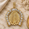 Oro Laminado Religious Pendant, Gold Filled Style Guadalupe and Baguette Design, with White Crystal, Polished, Golden Finish, 05.351.0148