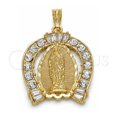 Oro Laminado Religious Pendant, Gold Filled Style Guadalupe and Baguette Design, with White Crystal, Polished, Golden Finish, 05.351.0148