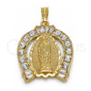 Oro Laminado Religious Pendant, Gold Filled Style Guadalupe and Baguette Design, with White Crystal, Polished, Golden Finish, 05.351.0148