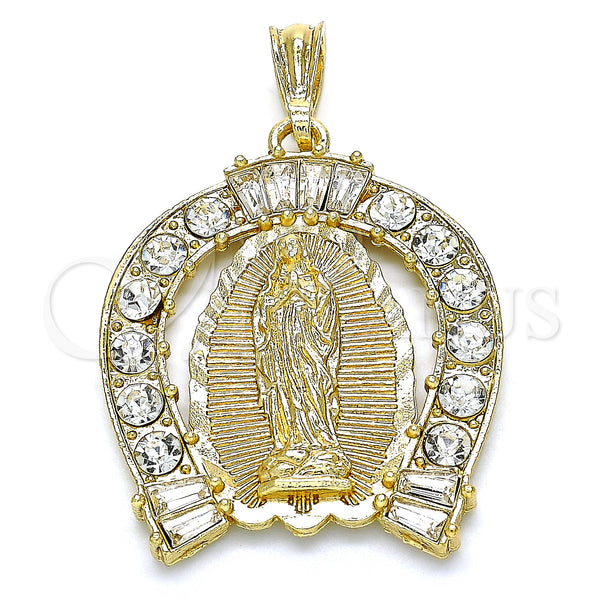 Oro Laminado Religious Pendant, Gold Filled Style Guadalupe and Baguette Design, with White Crystal, Polished, Golden Finish, 05.351.0148