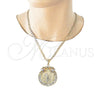 Oro Laminado Religious Pendant, Gold Filled Style Centenario Coin and Scorpion Design, with White and Garnet Crystal, Polished, Tricolor, 05.351.0151