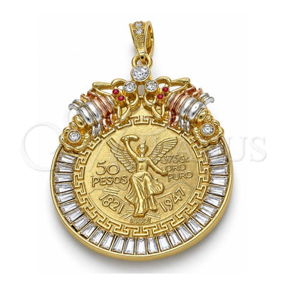 Oro Laminado Religious Pendant, Gold Filled Style Centenario Coin and Scorpion Design, with White and Garnet Crystal, Polished, Tricolor, 05.351.0151
