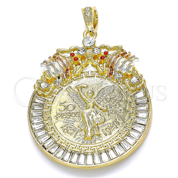 Oro Laminado Religious Pendant, Gold Filled Style Centenario Coin and Scorpion Design, with White and Garnet Crystal, Polished, Tricolor, 05.351.0151