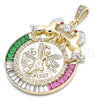 Oro Laminado Religious Pendant, Gold Filled Style Centenario Coin and Horse Design, with Multicolor Crystal, Polished, Two Tone, 05.351.0152