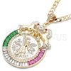 Oro Laminado Religious Pendant, Gold Filled Style Centenario Coin and Horse Design, with Multicolor Crystal, Polished, Two Tone, 05.351.0152