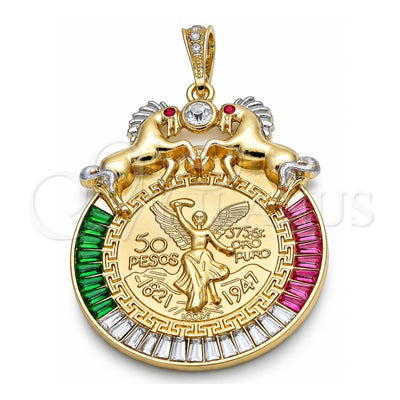 Oro Laminado Religious Pendant, Gold Filled Style Centenario Coin and Horse Design, with Multicolor Crystal, Polished, Two Tone, 05.351.0152