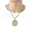 Oro Laminado Religious Pendant, Gold Filled Style Centenario Coin and Horse Design, with White and Garnet Crystal, Polished, Two Tone, 05.351.0152.1