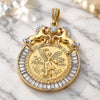 Oro Laminado Religious Pendant, Gold Filled Style Centenario Coin and Horse Design, with White and Garnet Crystal, Polished, Two Tone, 05.351.0152.1