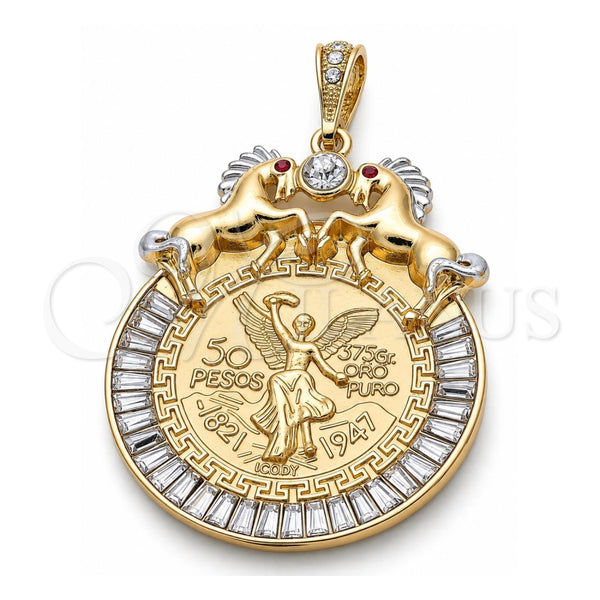 Oro Laminado Religious Pendant, Gold Filled Style Centenario Coin and Horse Design, with White and Garnet Crystal, Polished, Two Tone, 05.351.0152.1
