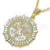 Oro Laminado Religious Pendant, Gold Filled Style Centenario Coin and Angel Design, with White Crystal, Polished, Tricolor, 05.351.0153