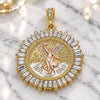 Oro Laminado Religious Pendant, Gold Filled Style Centenario Coin and Angel Design, with White Crystal, Polished, Tricolor, 05.351.0153