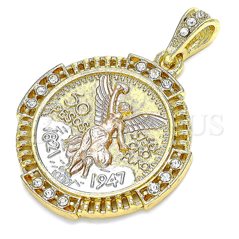 Oro Laminado Religious Pendant, Gold Filled Style Centenario Coin and Angel Design, with White Crystal, Polished, Tricolor, 05.351.0156