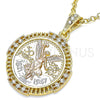 Oro Laminado Religious Pendant, Gold Filled Style Centenario Coin and Angel Design, with White Crystal, Polished, Tricolor, 05.351.0156