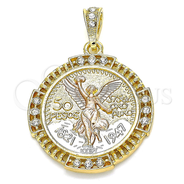 Oro Laminado Religious Pendant, Gold Filled Style Centenario Coin and Angel Design, with White Crystal, Polished, Tricolor, 05.351.0156