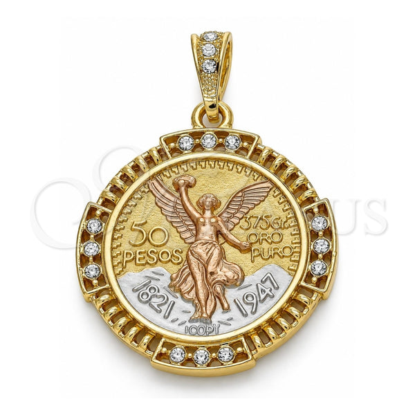 Oro Laminado Religious Pendant, Gold Filled Style Centenario Coin and Angel Design, with White Crystal, Polished, Tricolor, 05.351.0156