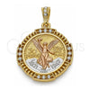 Oro Laminado Religious Pendant, Gold Filled Style Centenario Coin and Angel Design, with White Crystal, Polished, Tricolor, 05.351.0156