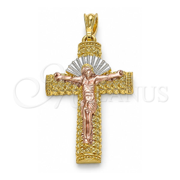 Oro Laminado Religious Pendant, Gold Filled Style Crucifix Design, Polished, Tricolor, 05.351.0159.1