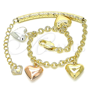 Gold Filled Bracelet — Charm Bracelet Heart Design Diamond Cutting Tricolor 03. — main product view — SKU 135239 | Oro Laminado brazalete — Charm Bracelet corazón diseño Diamond Cutting Tricolor 03. — SKU 135239