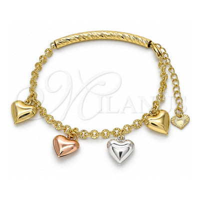 Oro Laminado Charm Bracelet, Gold Filled Style Heart Design, Diamond Cutting Finish, Tricolor, 03.351.0102.07 (04 MM Thickness, 7 Inches Length)