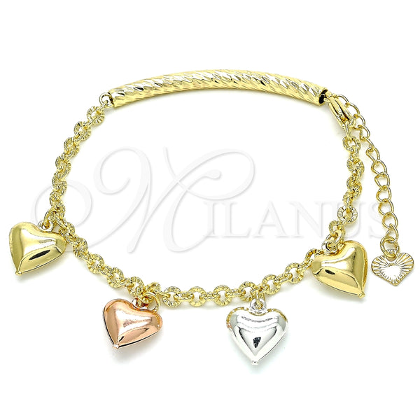 Oro Laminado Charm Bracelet, Gold Filled Style Heart Design, Diamond Cutting Finish, Tricolor, 03.351.0102.07 (04 MM Thickness, 7 Inches Length)