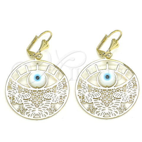 Oro Laminado Dangle Earring, Gold Filled Style Butterfly and Evil Eye Design, with White Mother of Pearl, Polished, Golden Finish, 02.351.0098