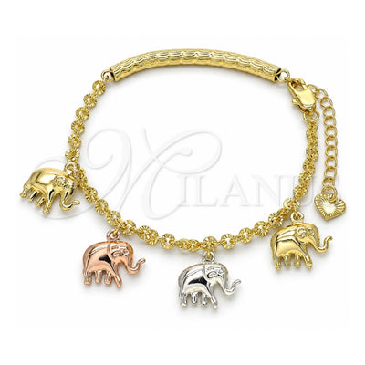 Oro Laminado Charm Bracelet, Gold Filled Style Elephant Design, Diamond Cutting Finish, Tricolor, 03.351.0104.07 (04 MM Thickness, 7 Inches Length)