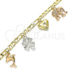 Oro Laminado Charm Bracelet, Gold Filled Style Heart and Elephant Design, Polished, Tricolor, 03.351.0105.08 (05 MM Thickness, 8 Inches Length)