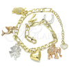 Oro Laminado Charm Bracelet, Gold Filled Style Heart and Elephant Design, Polished, Tricolor, 03.351.0105.08 (05 MM Thickness, 8 Inches Length)