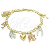 Oro Laminado Charm Bracelet, Gold Filled Style Heart and Elephant Design, Polished, Tricolor, 03.351.0105.08 (05 MM Thickness, 8 Inches Length)