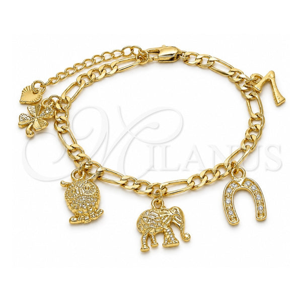 Oro Laminado Charm Bracelet, Gold Filled Style Owl and Elephant Design, Polished, Golden Finish, 03.351.0027.1.07 (05 MM Thickness, 7 Inches Length)