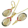 Oro Laminado Earring and Pendant Adult Set, Gold Filled Style Guadalupe and Teardrop Design, with Multicolor Crystal, Polished, Golden Finish, 10.351.0012