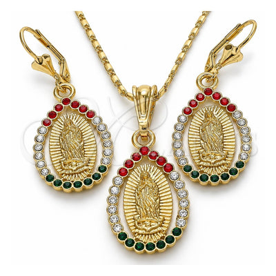 Oro Laminado Earring and Pendant Adult Set, Gold Filled Style Guadalupe and Teardrop Design, with Multicolor Crystal, Polished, Golden Finish, 10.351.0012