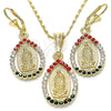 Oro Laminado Earring and Pendant Adult Set, Gold Filled Style Guadalupe and Teardrop Design, with Multicolor Crystal, Polished, Golden Finish, 10.351.0012