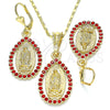 Oro Laminado Earring and Pendant Adult Set, Gold Filled Style Guadalupe and Teardrop Design, with Garnet Crystal, Polished, Golden Finish, 10.351.0012.1