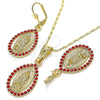 Oro Laminado Earring and Pendant Adult Set, Gold Filled Style Guadalupe and Teardrop Design, with Garnet Crystal, Polished, Golden Finish, 10.351.0012.1